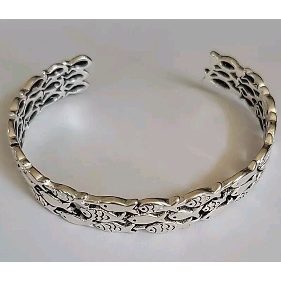 School of Fish Silver Plated Wide Chunky Black Enamel Accents Cuff Bracelet - Picture 5 of 6